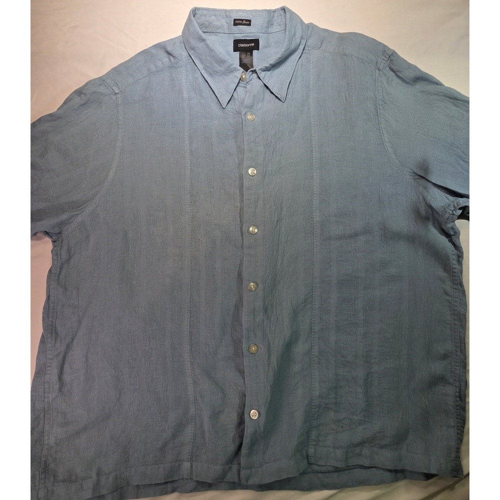 Claiborne Mens XXL Light Blue 100% Linen Short Sleeve Button Down Shirt Textured